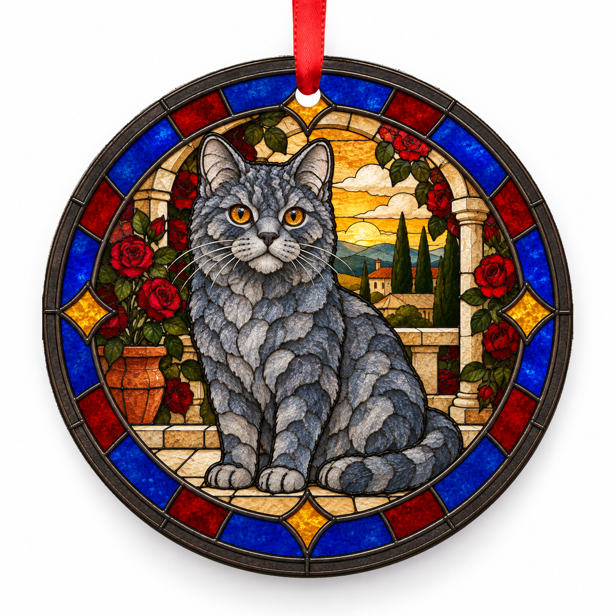 Blue American Wirehair stained glass style porcelain Christmas ornament with red ribbon