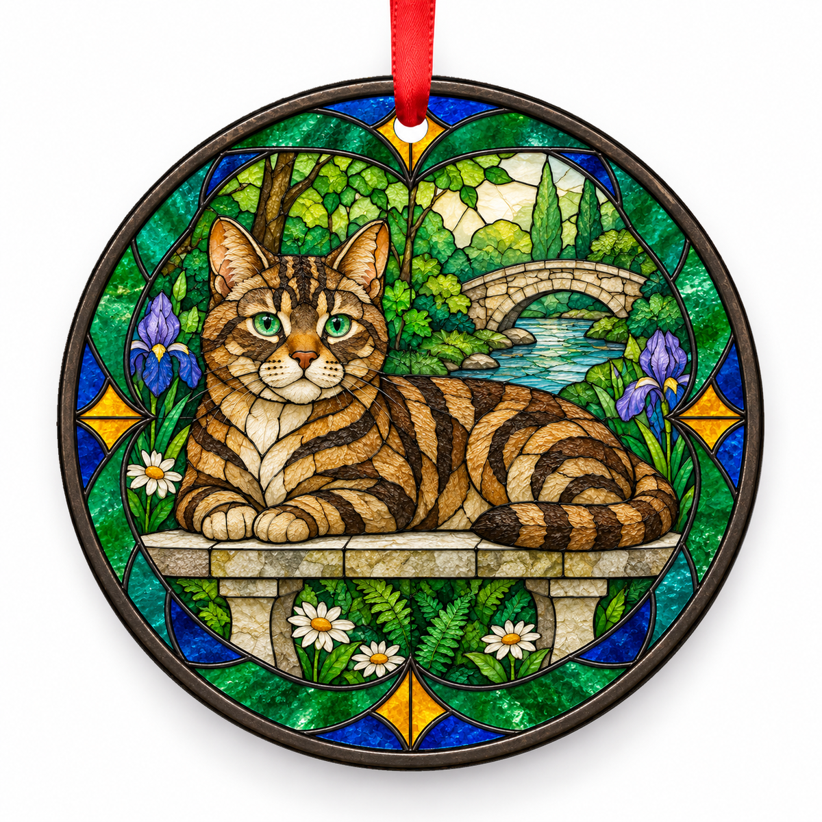 Brown Tabby American Wirehair stained glass style porcelain Christmas ornament with red ribbon