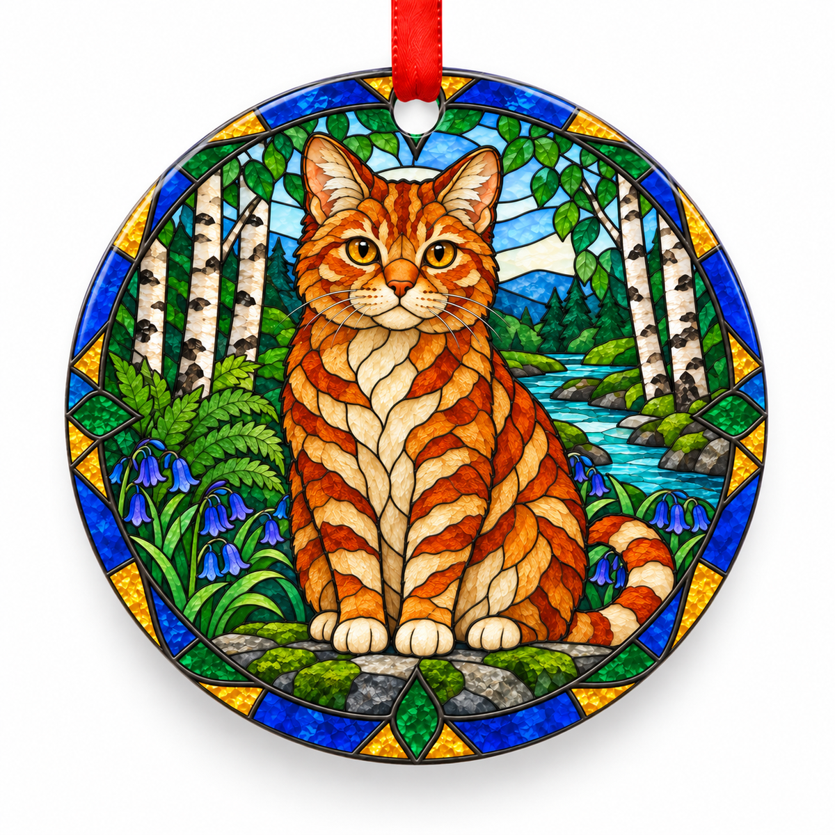 Red American Wirehair stained glass style porcelain Christmas ornament with red ribbon
