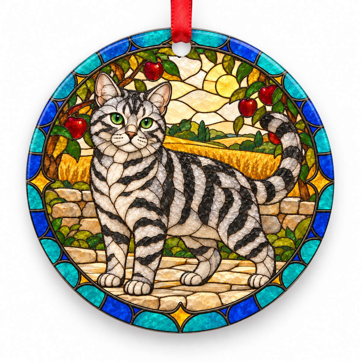 Silver Tabby American Wirehair stained glass style porcelain Christmas ornament with red ribbon