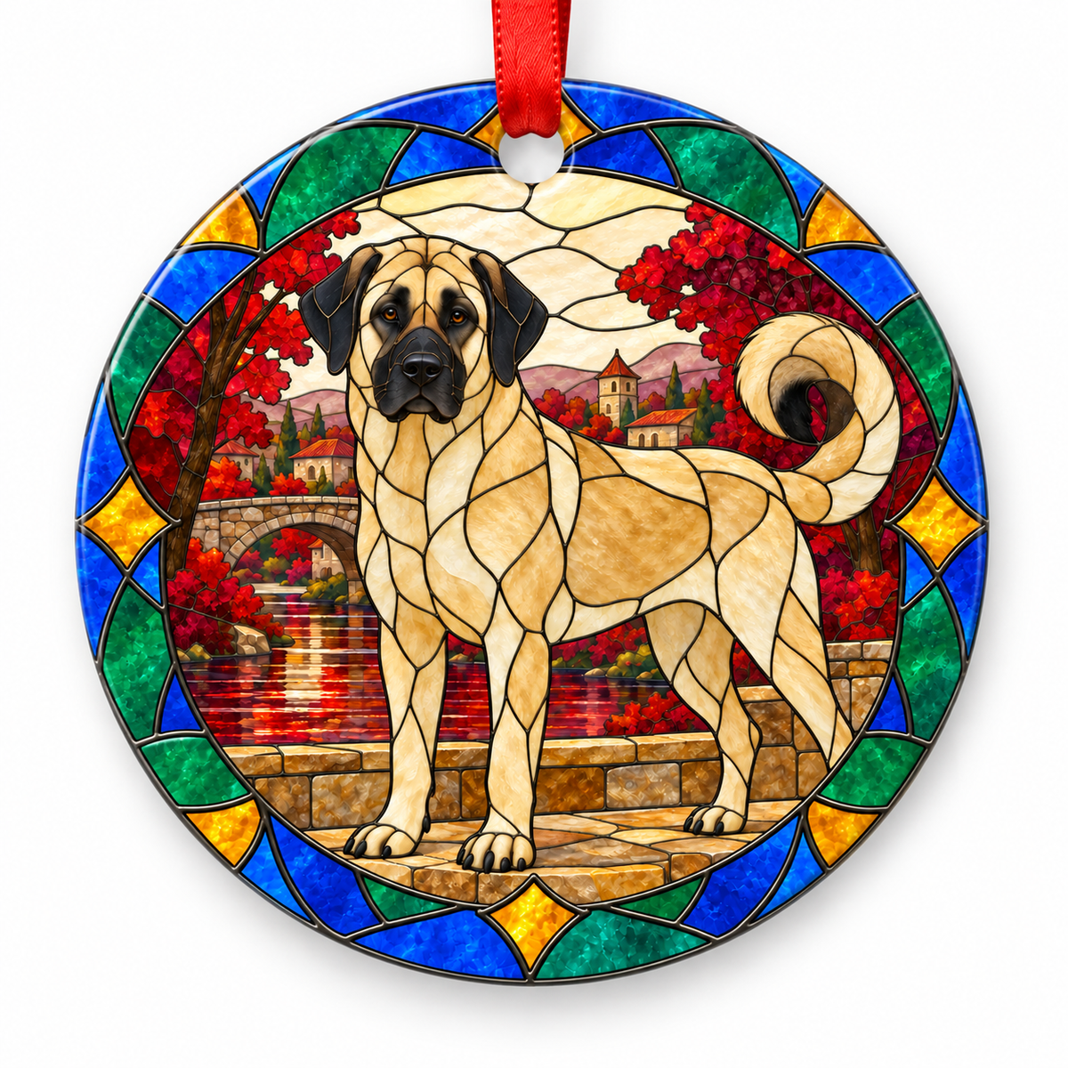 Fawn Black Mask Anatolian Shepherd Dog stained glass style porcelain Christmas ornament with red ribbon