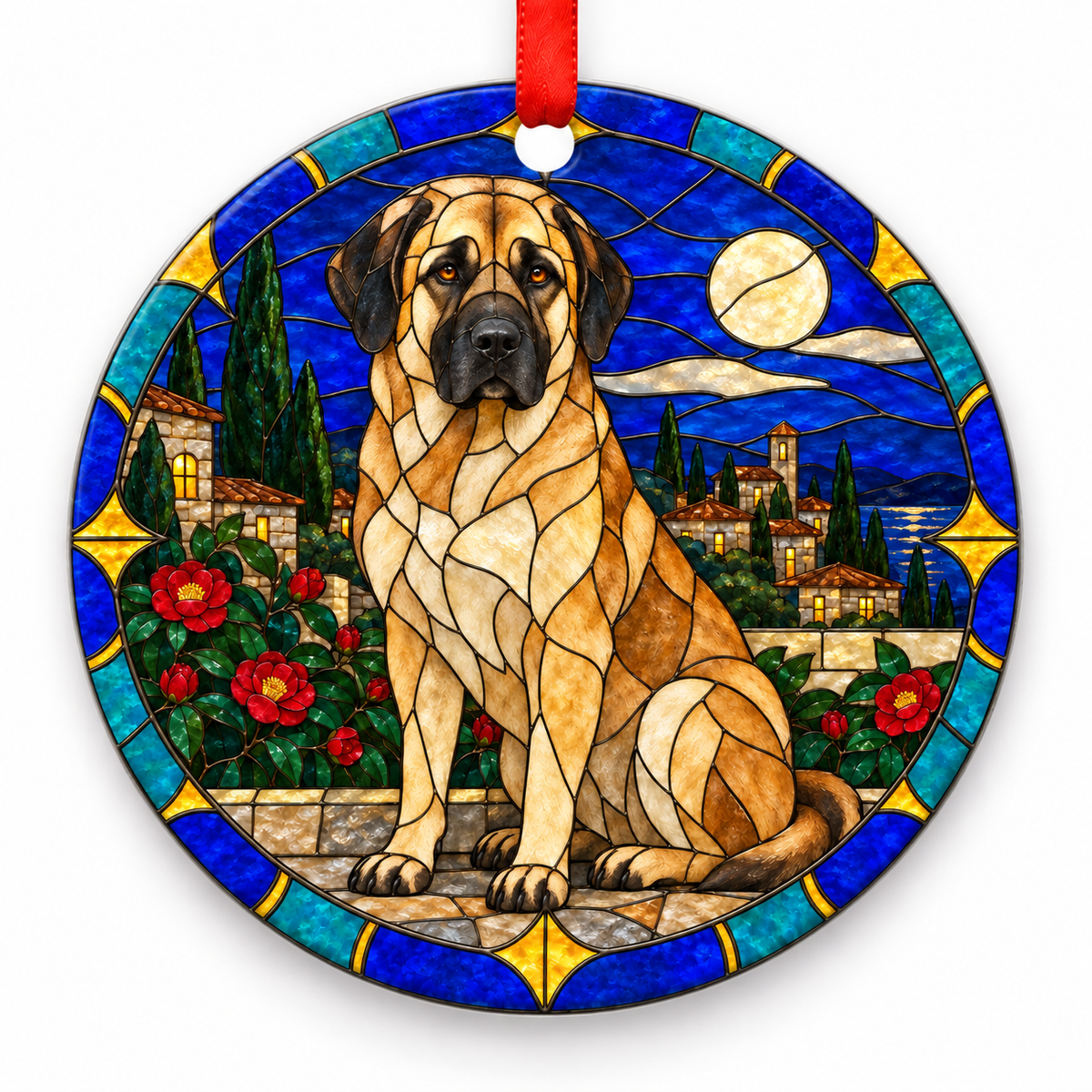 Red Fawn Anatolian Shepherd Dog stained glass style porcelain Christmas ornament with red ribbon