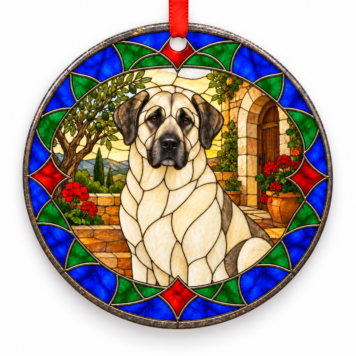 White Anatolian Shepherd Dog stained glass style porcelain Christmas ornament with red ribbon