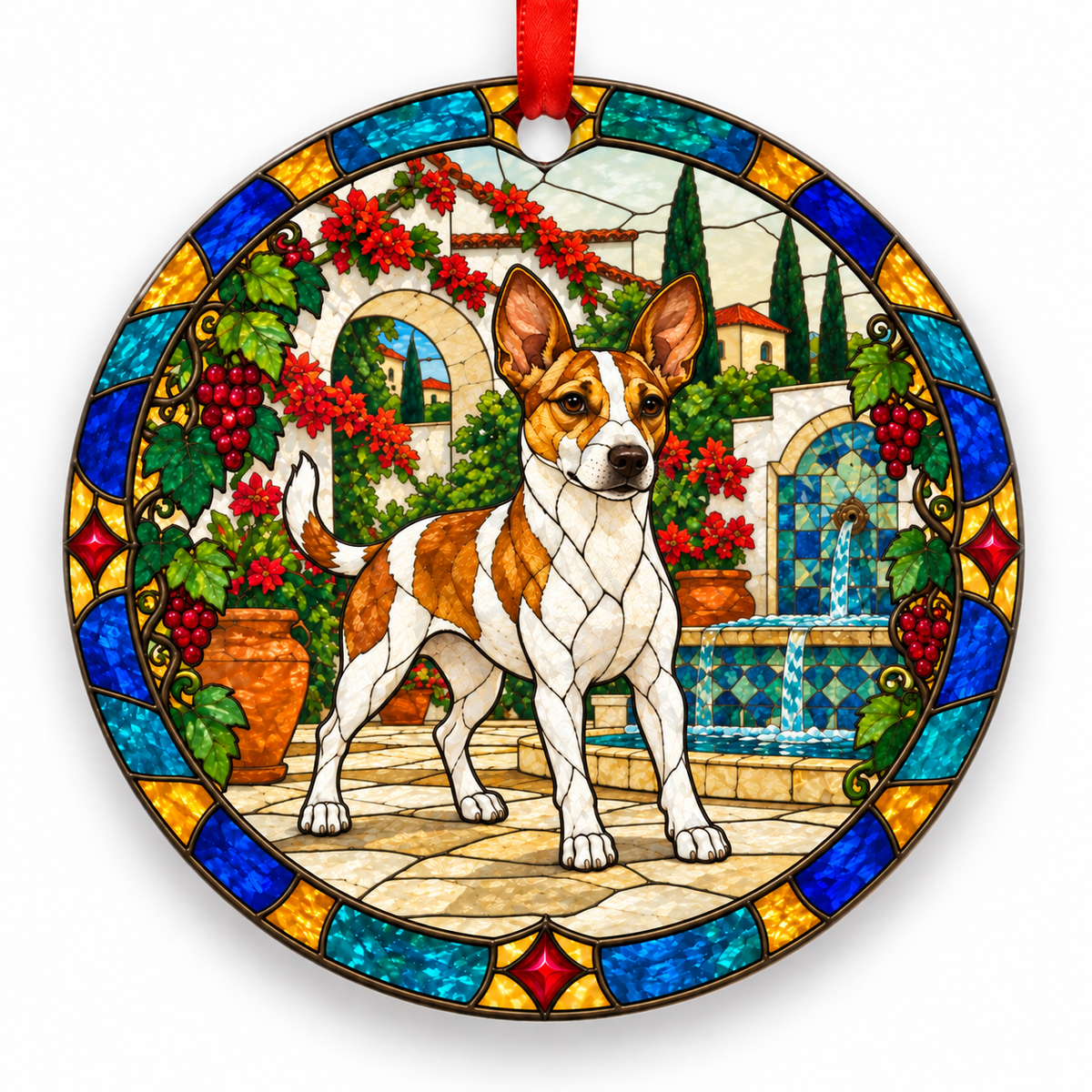Original Andalusian Terrier (Sherry Terrier) stained glass style porcelain Christmas ornament with red ribbon