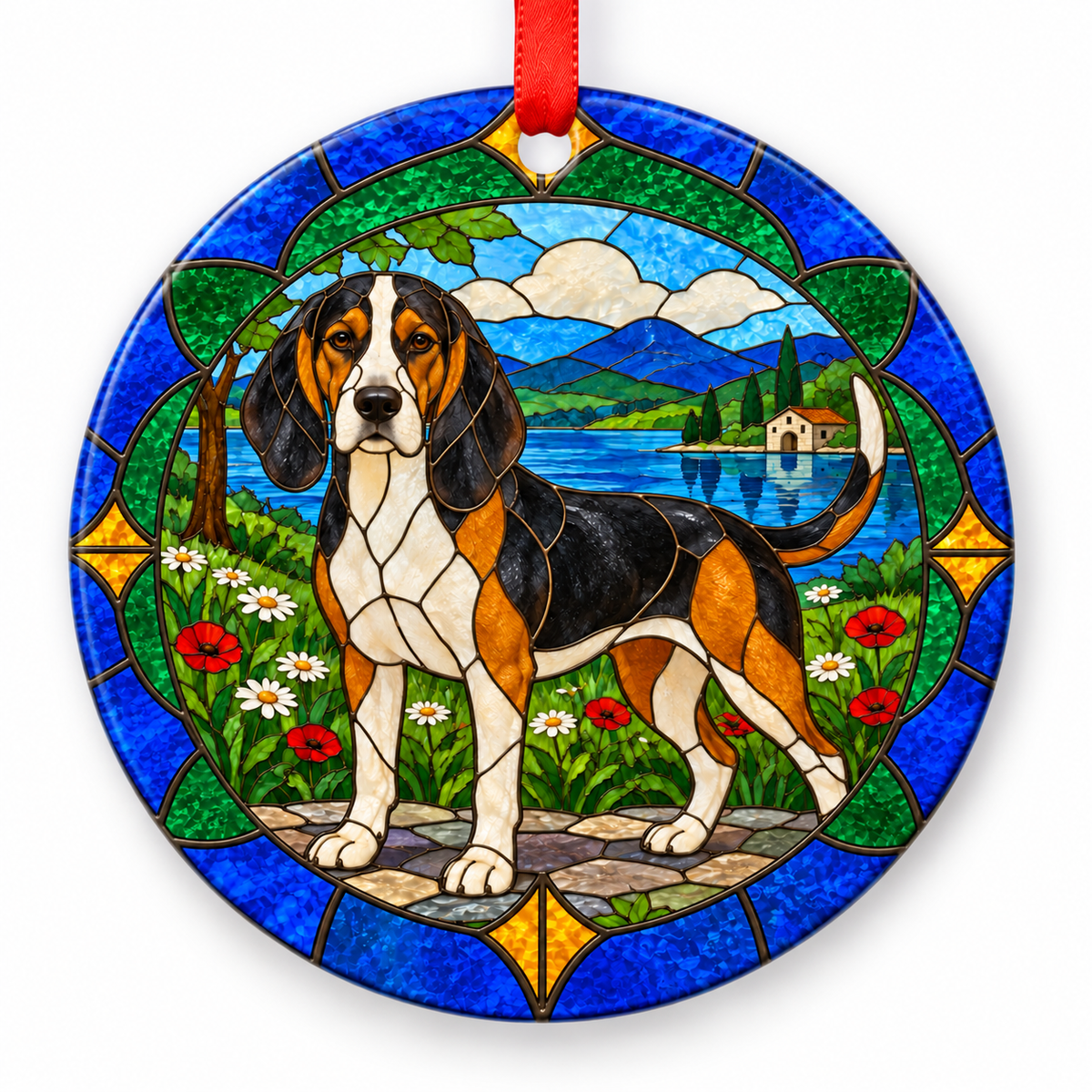 Tricolor Anglo-Français de Petite Vénerie stained glass style porcelain Christmas ornament with red ribbon