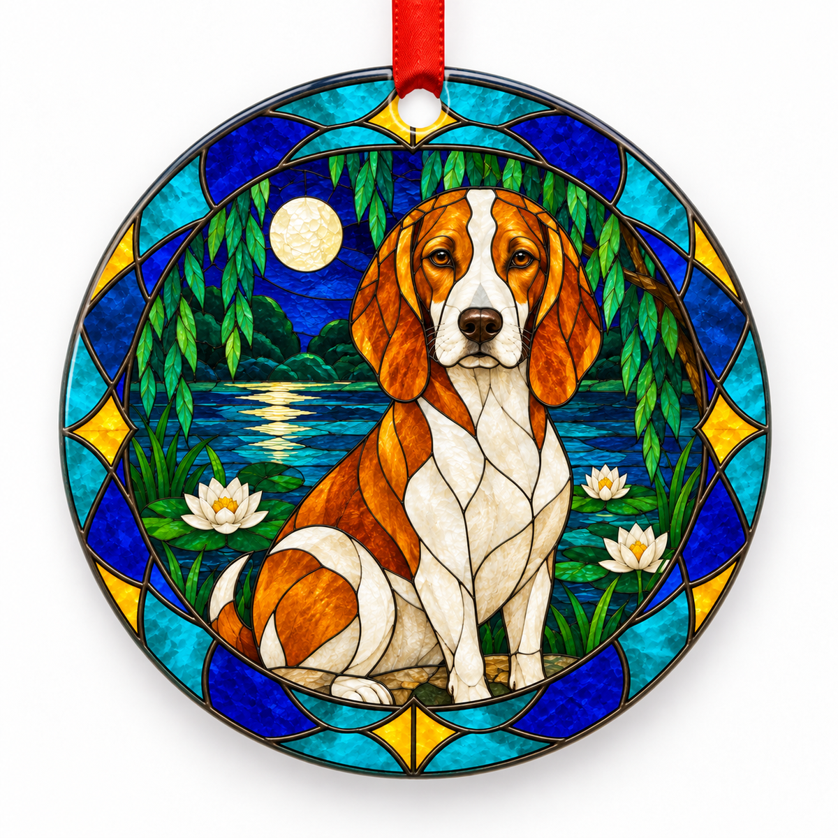 White Orange Anglo-Français de Petite Vénerie stained glass style porcelain Christmas ornament with red ribbon