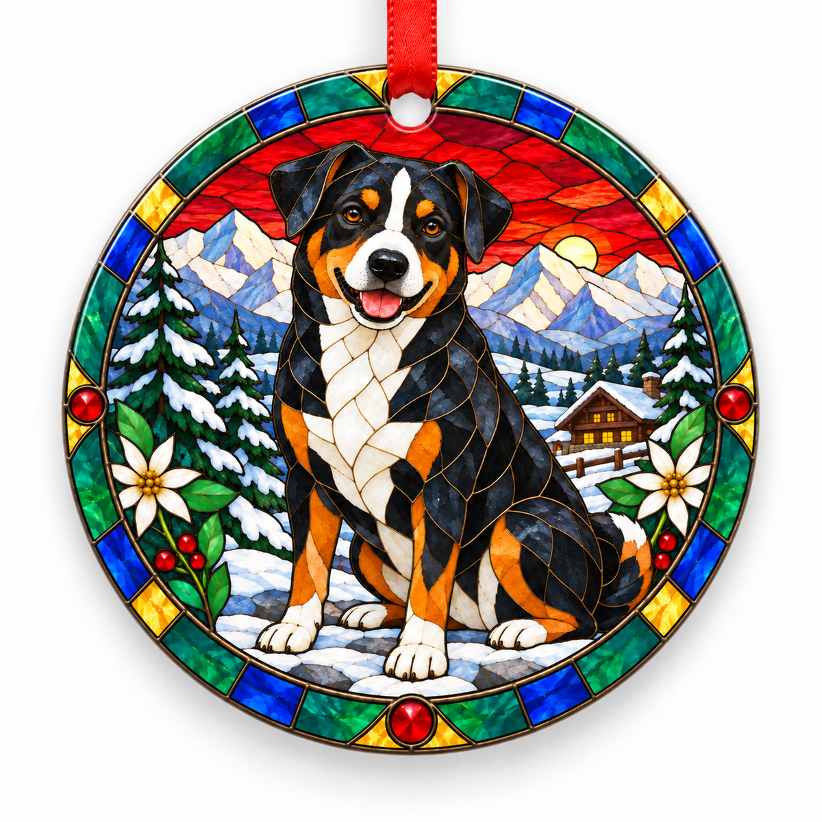 Original Appenzell Cattle Dog stained glass style porcelain Christmas ornament with red ribbon