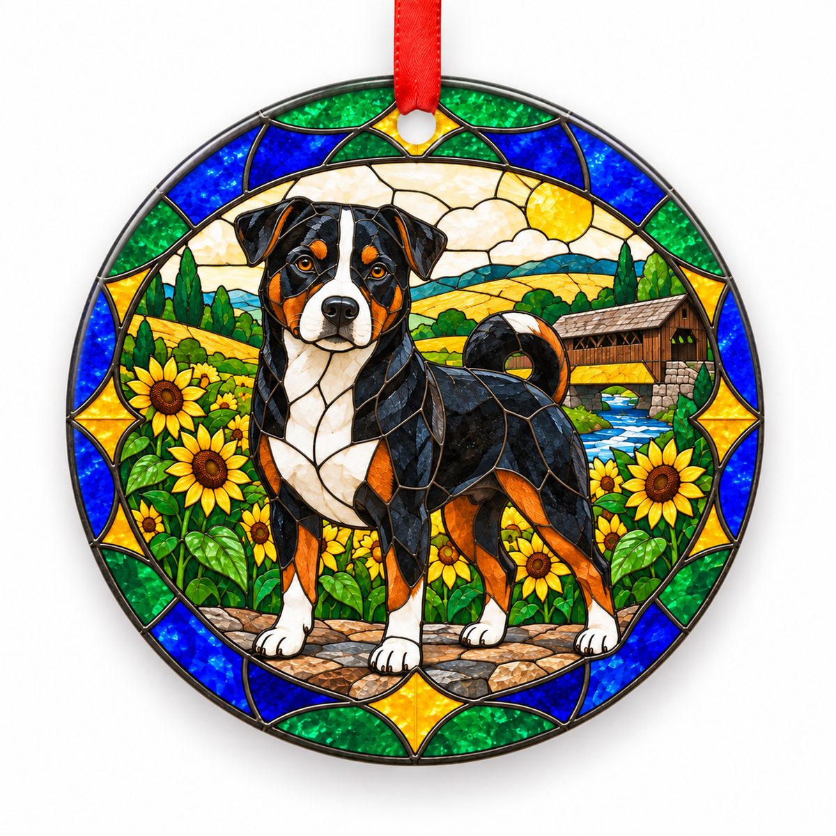 Black Tricolor Appenzell Cattle Dog stained glass style porcelain Christmas ornament with red ribbon