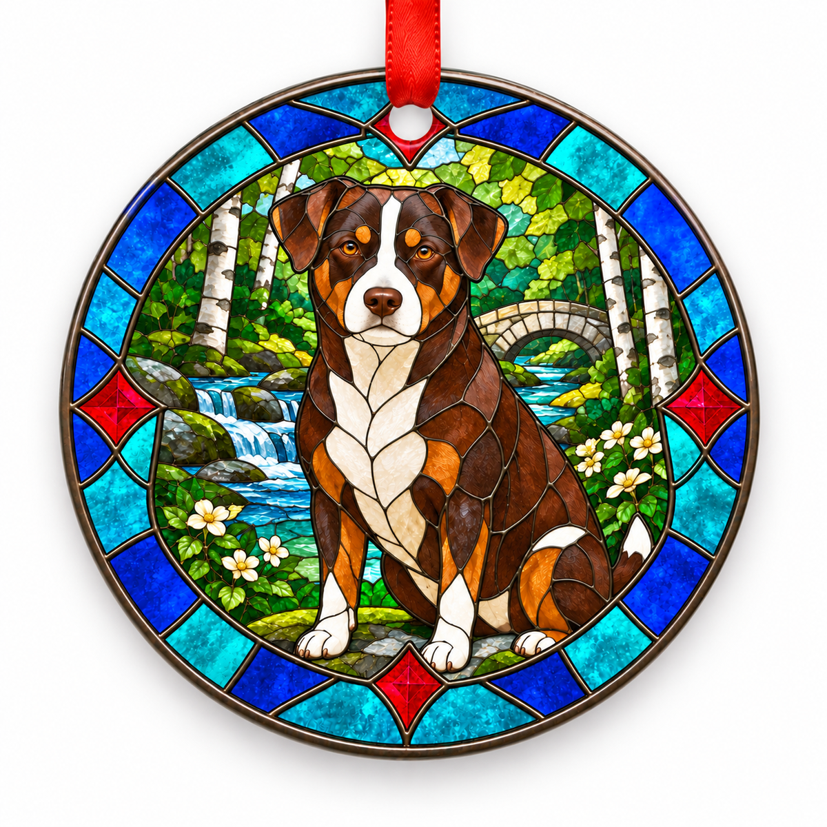 Havana Tricolor Appenzell Cattle Dog stained glass style porcelain Christmas ornament with red ribbon
