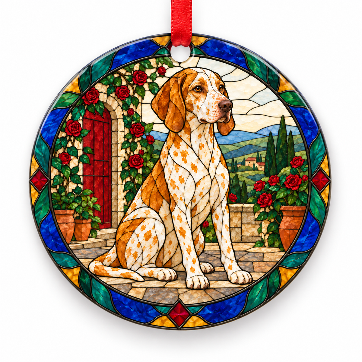 Original Ariege Pointing Dog stained glass style porcelain Christmas ornament with red ribbon