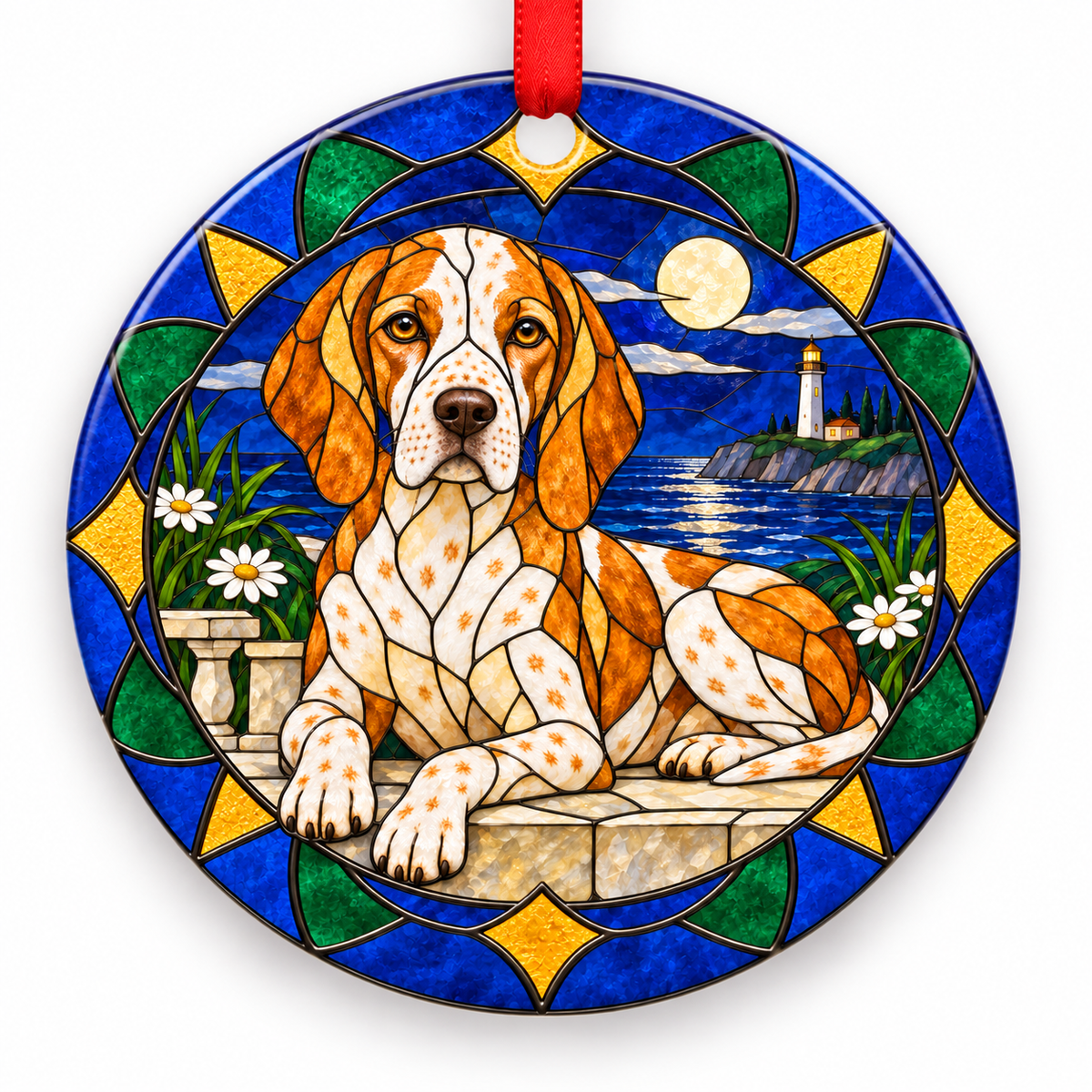 Orange White Ariege Pointing Dog stained glass style porcelain Christmas ornament with red ribbon