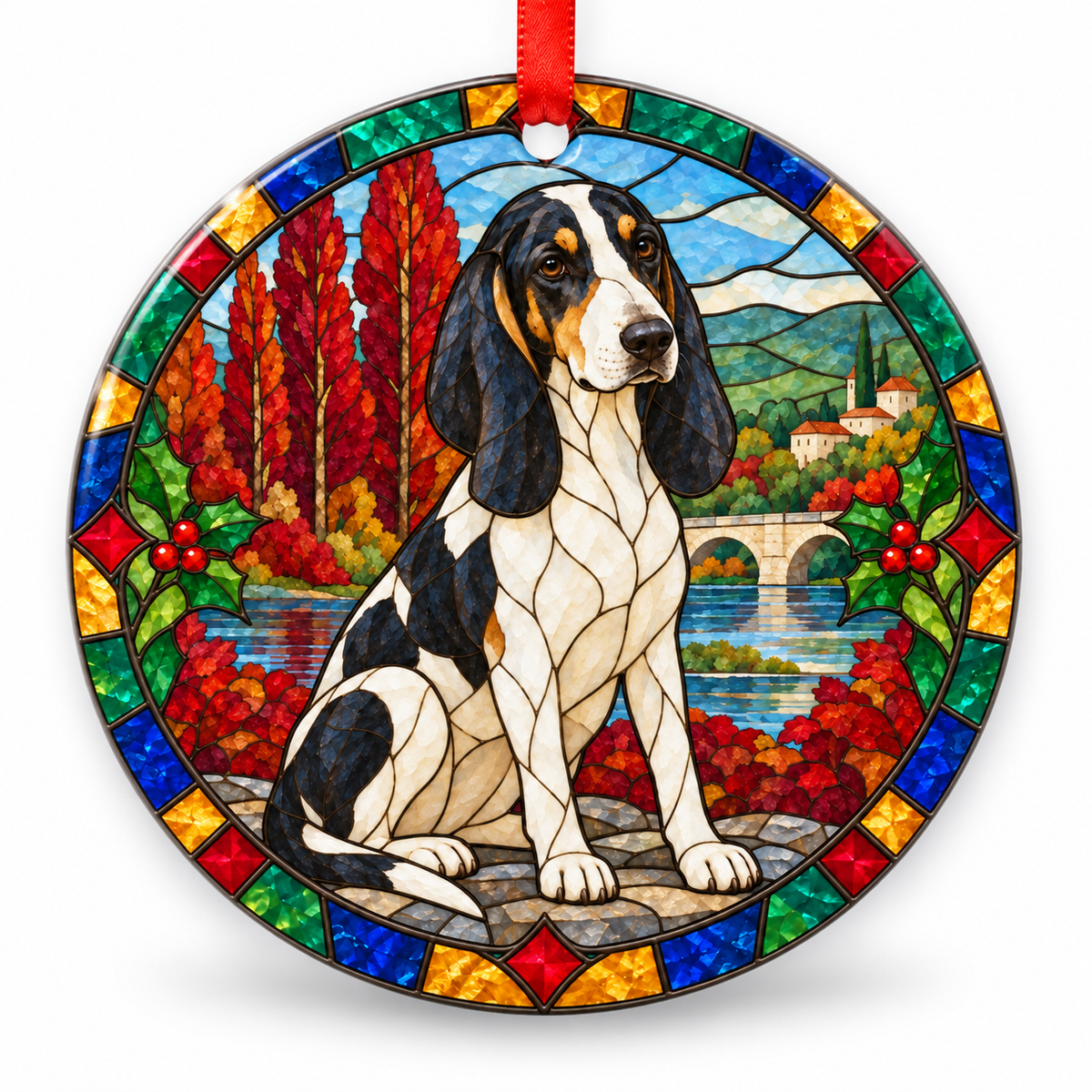 Original Ariégeois stained glass style porcelain Christmas ornament with red ribbon