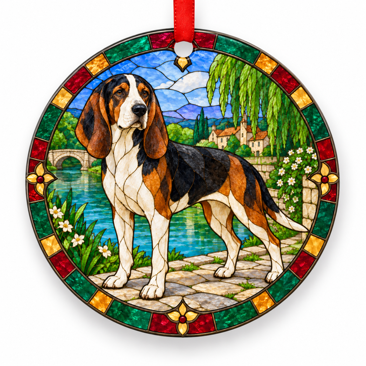 Original Artois Hound stained glass style porcelain Christmas ornament with red ribbon