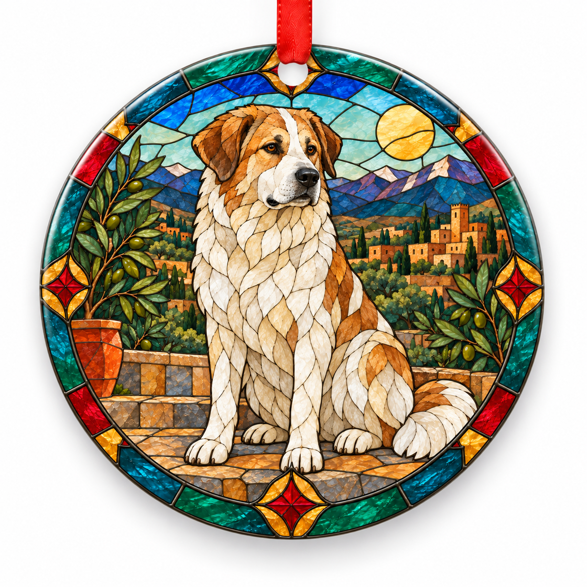 Original Atlas Mountain Dog (Aidi) stained glass style porcelain Christmas ornament with red ribbon