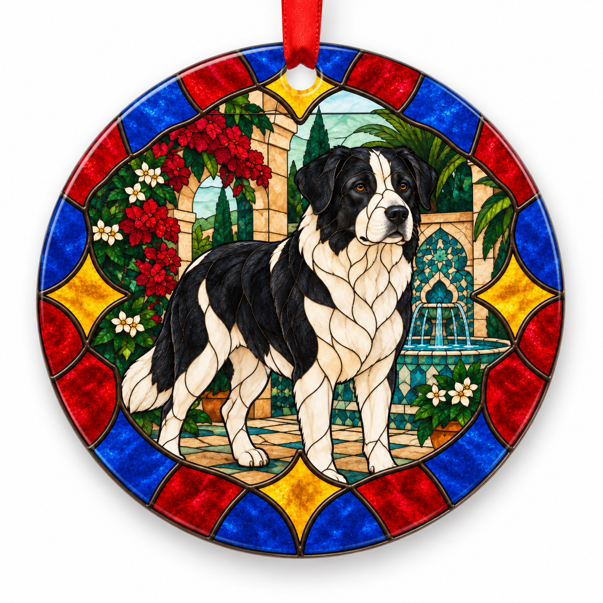 Black White Atlas Mountain Dog (Aidi) stained glass style porcelain Christmas ornament with red ribbon