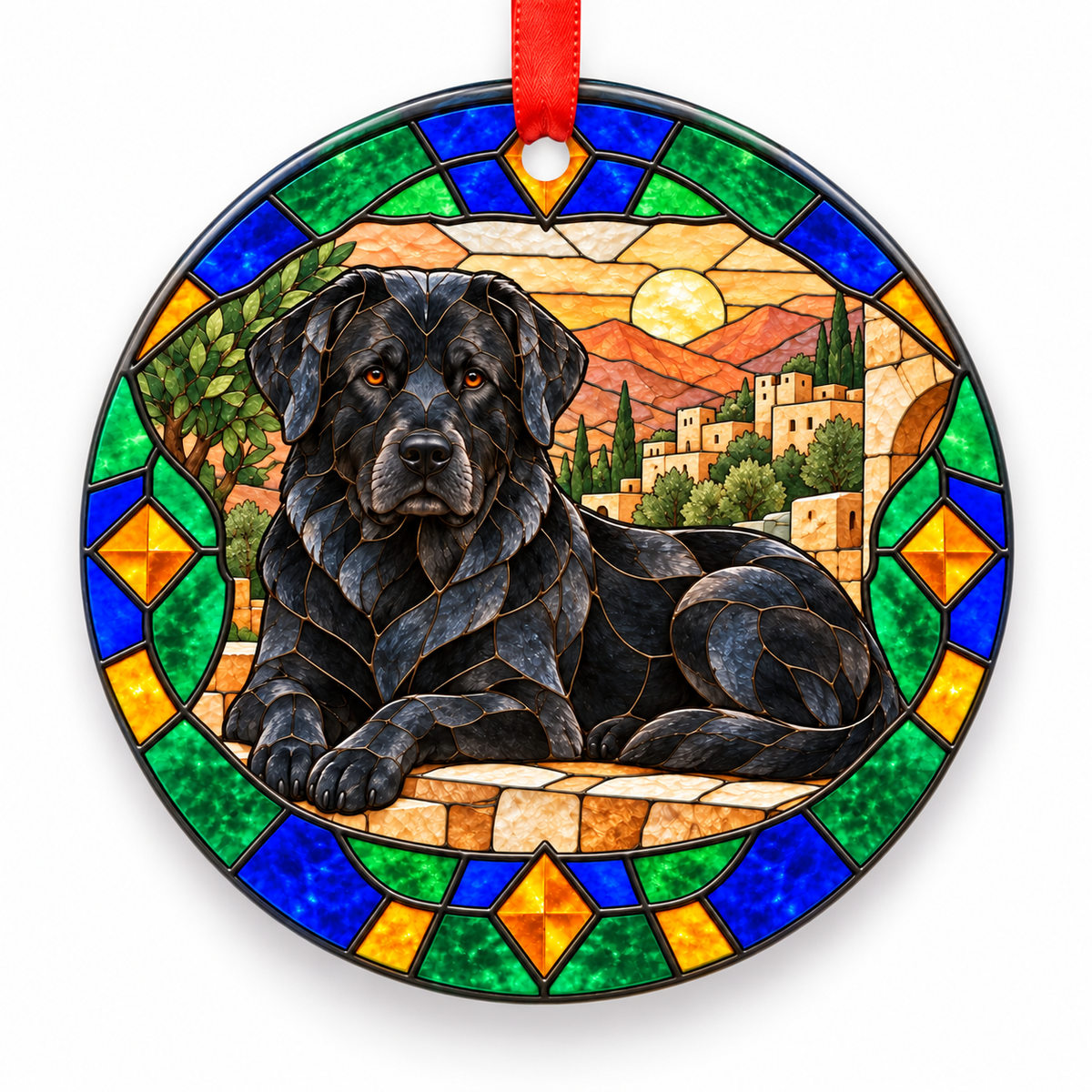 Black Atlas Mountain Dog (Aidi) stained glass style porcelain Christmas ornament with red ribbon