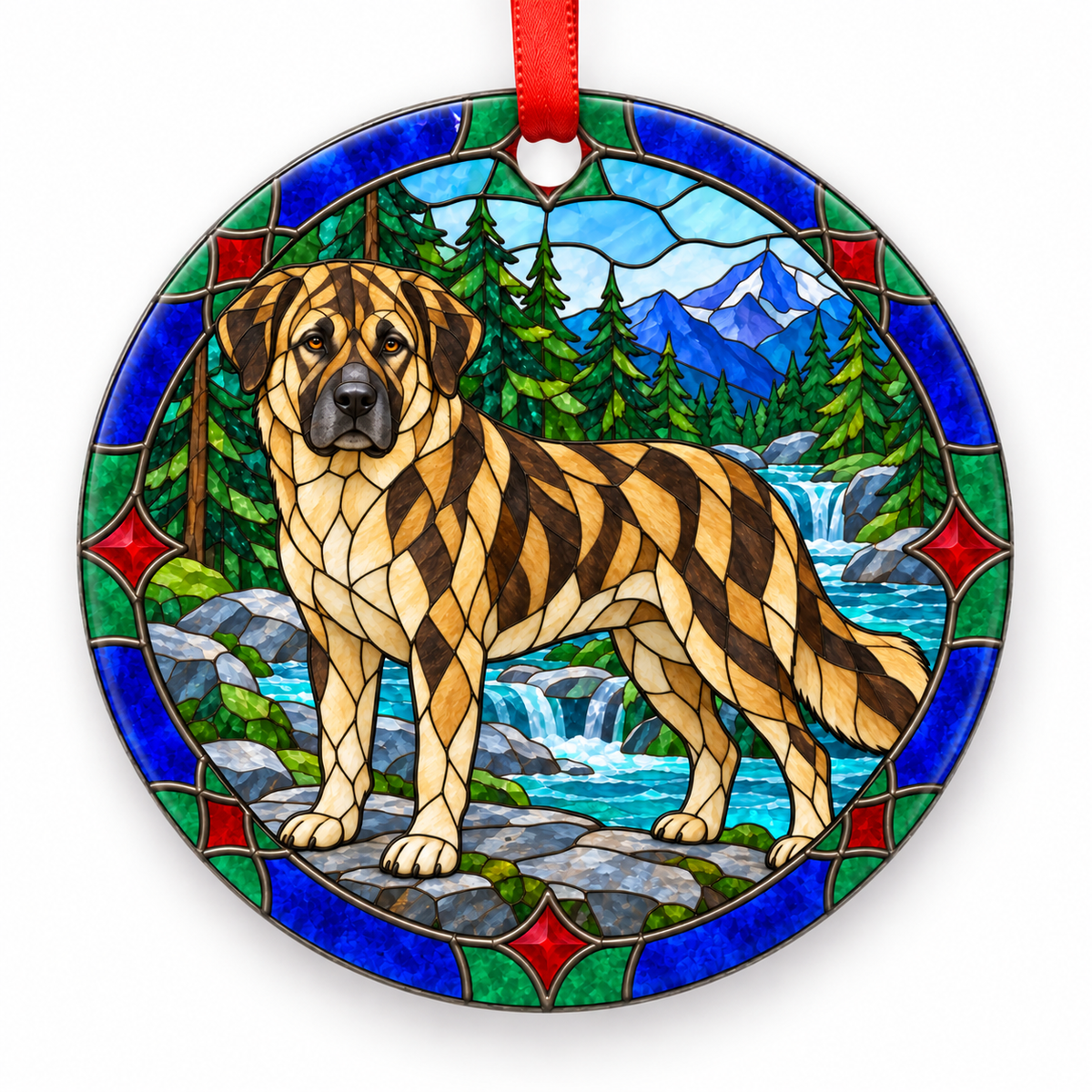 Brindle Atlas Mountain Dog (Aidi) stained glass style porcelain Christmas ornament with red ribbon