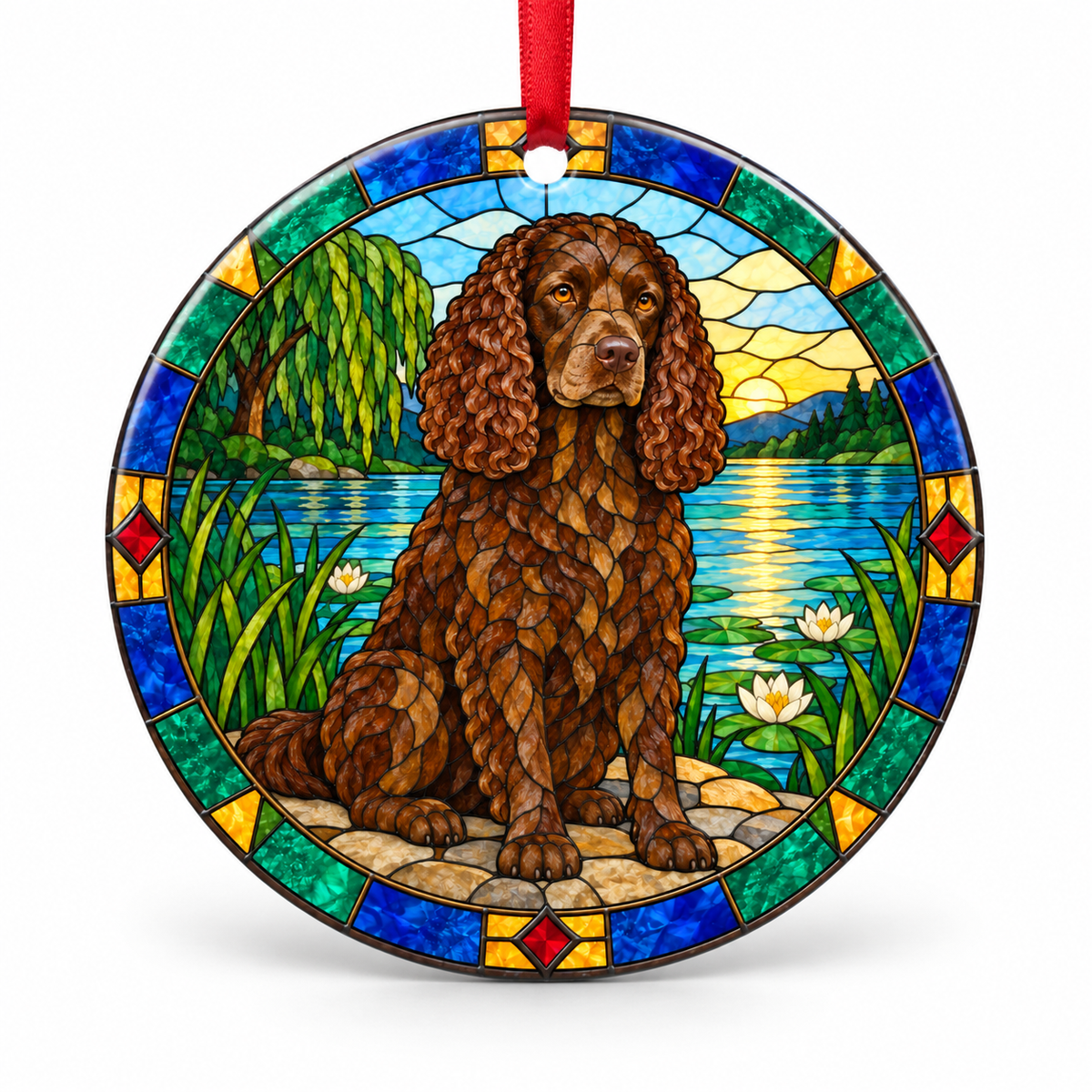 Original American Water Spaniel stained glass style porcelain Christmas ornament with red ribbon