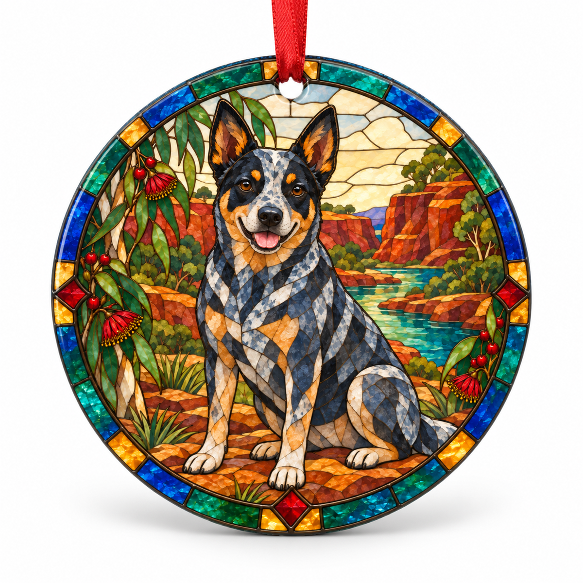 Original Australian Cattle Dog stained glass style porcelain Christmas ornament with red ribbon