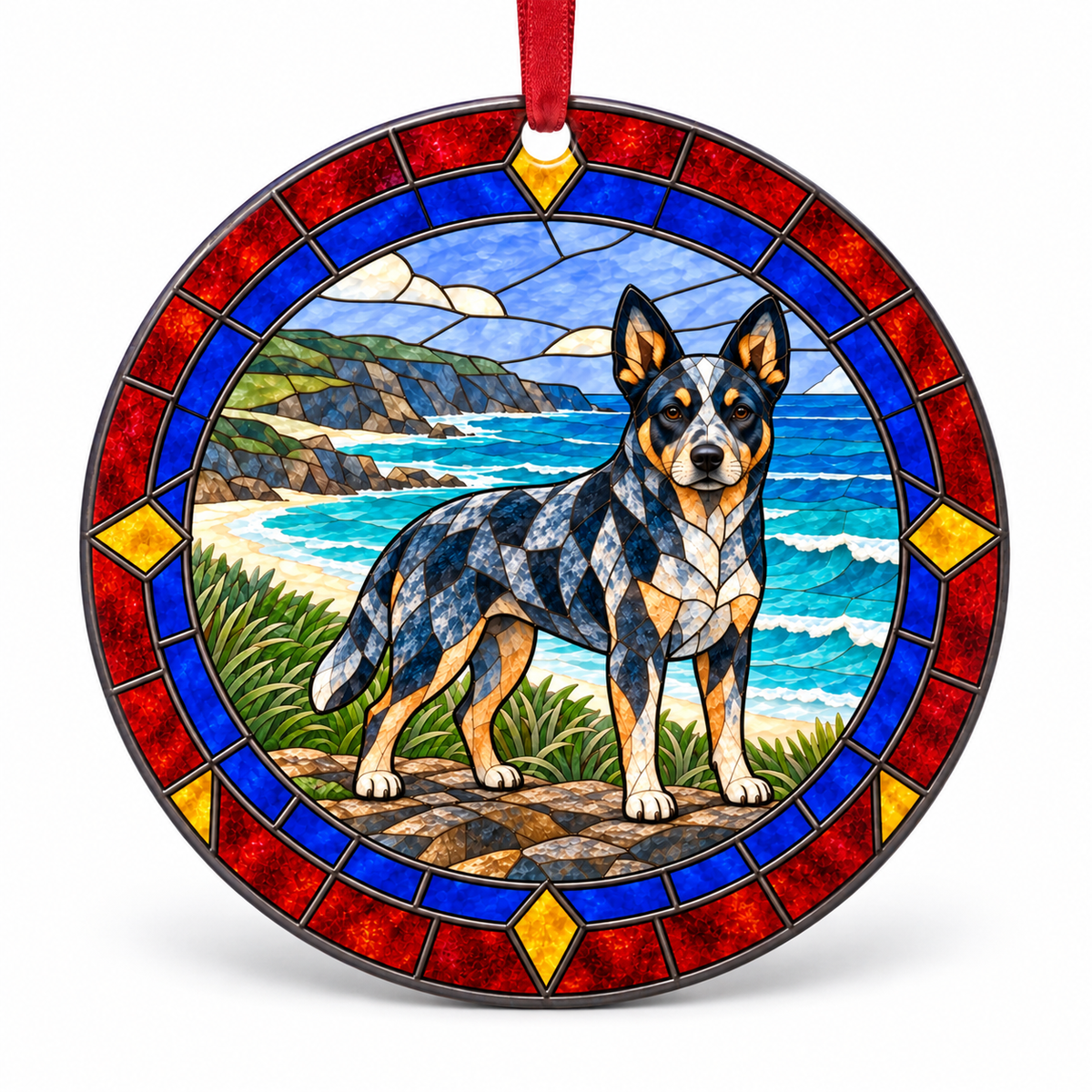 Blue Australian Cattle Dog stained glass style porcelain Christmas ornament with red ribbon