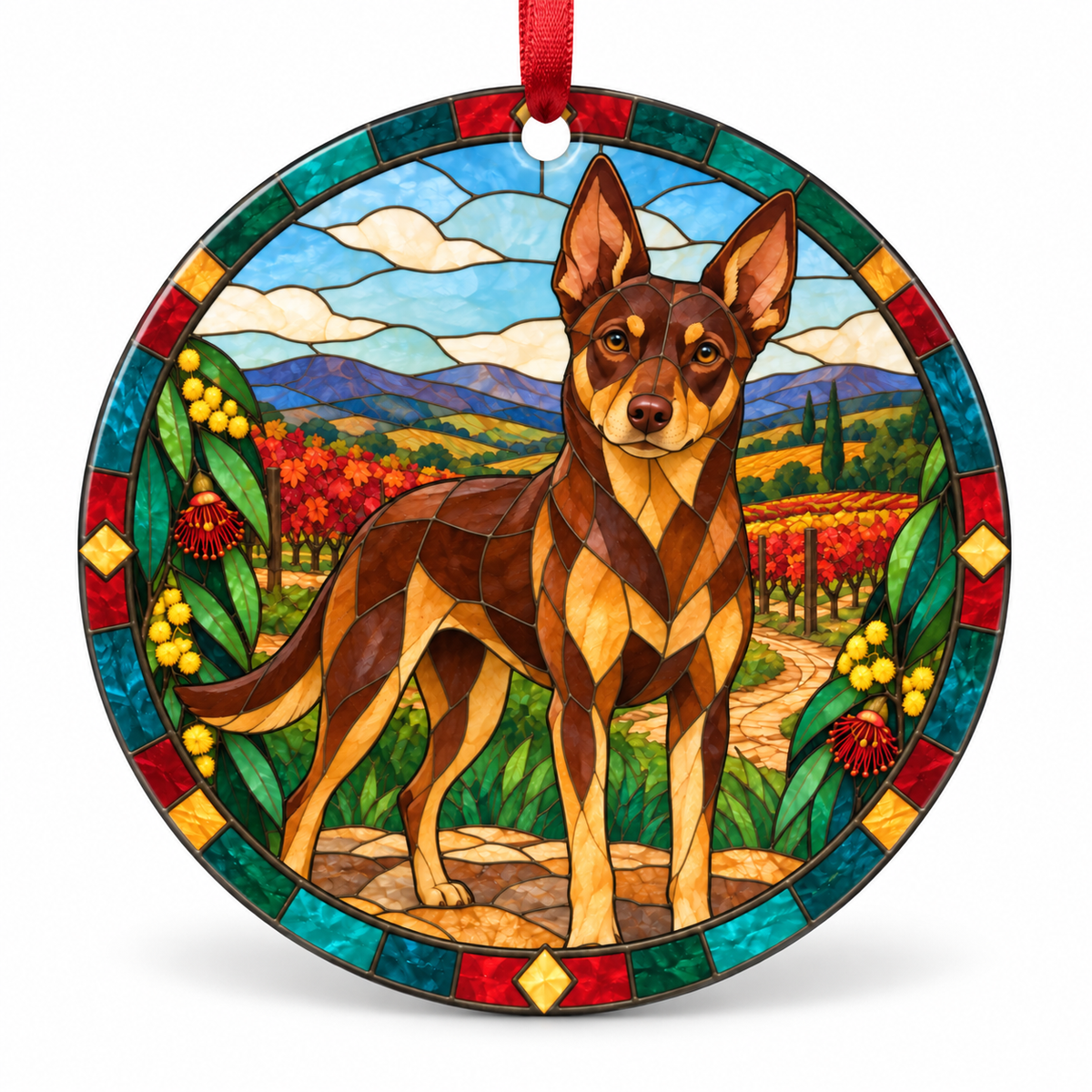 Original Australian Kelpie stained glass style porcelain Christmas ornament with red ribbon