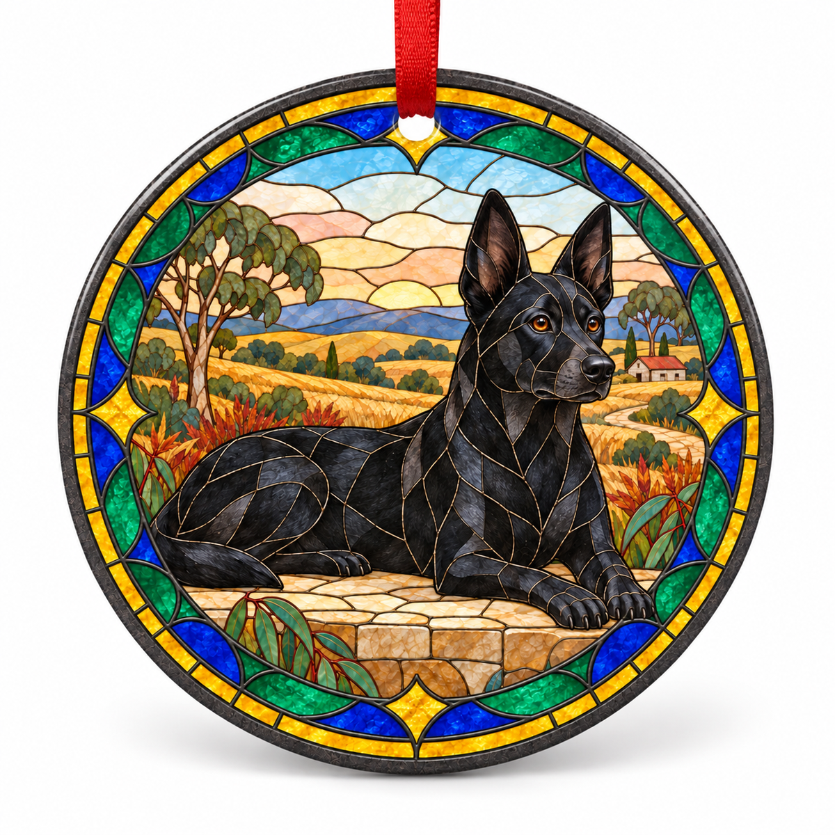Black Australian Kelpie stained glass style porcelain Christmas ornament with red ribbon