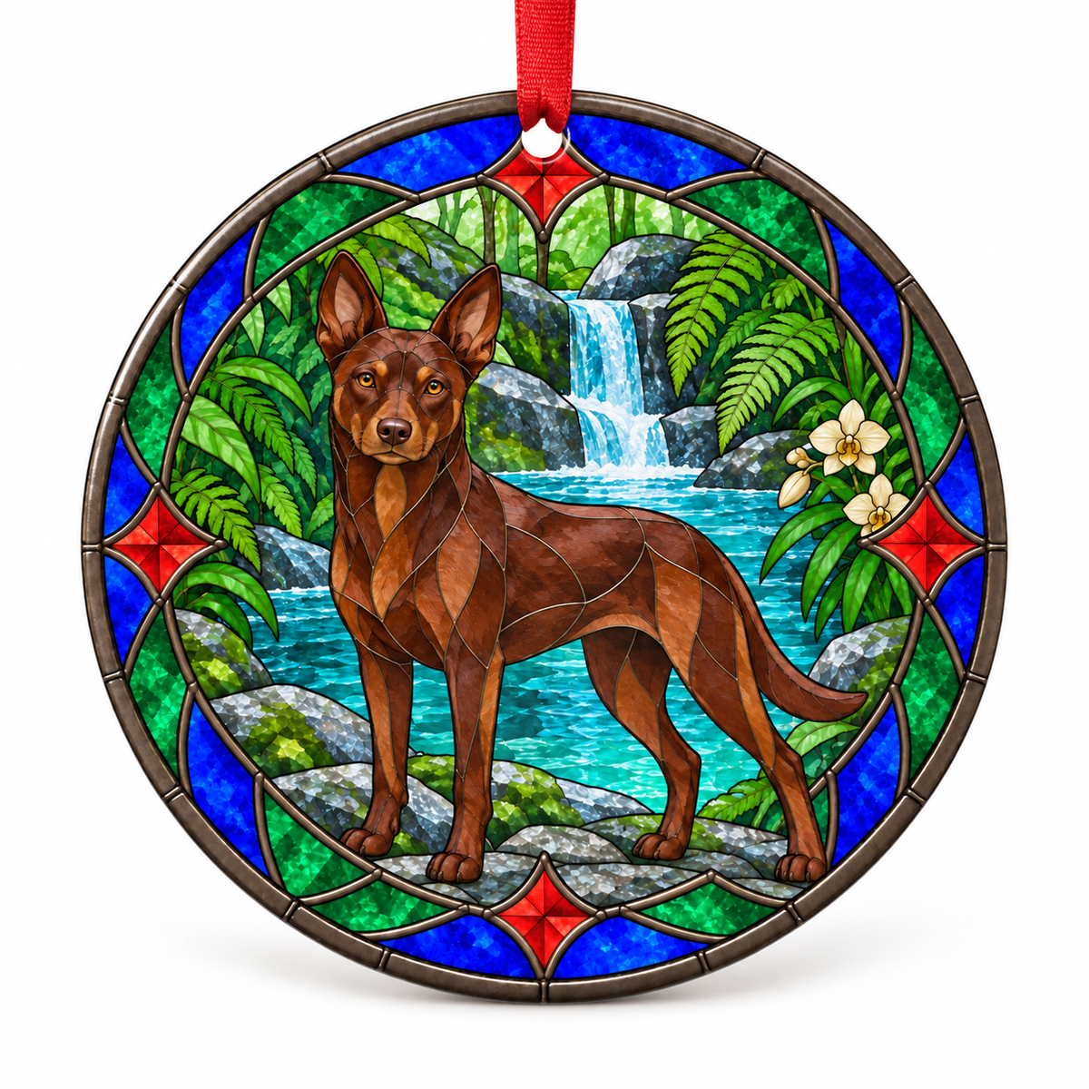 Chocolate Australian Kelpie stained glass style porcelain Christmas ornament with red ribbon