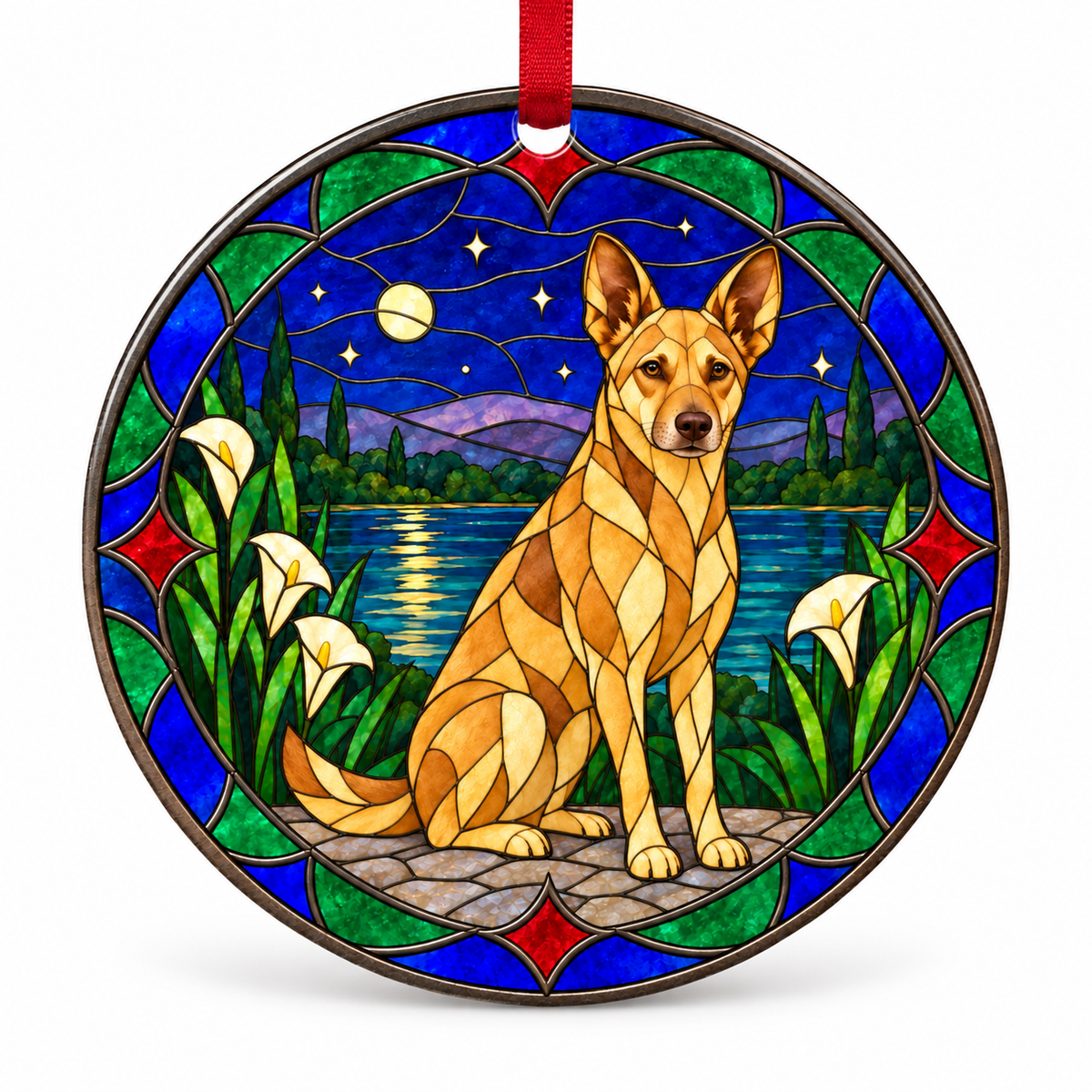 Fawn Australian Kelpie stained glass style porcelain Christmas ornament with red ribbon