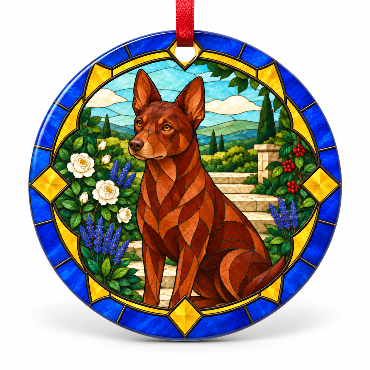 Red Australian Kelpie stained glass style porcelain Christmas ornament with red ribbon