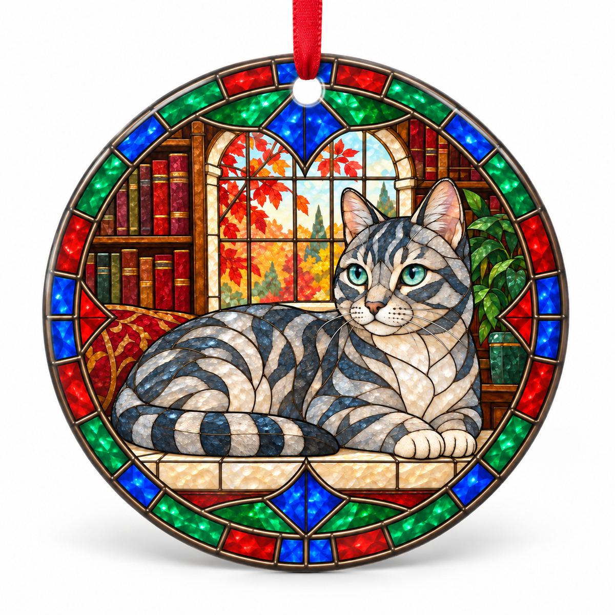 Blue Marble Australian Mist stained glass style porcelain Christmas ornament with red ribbon