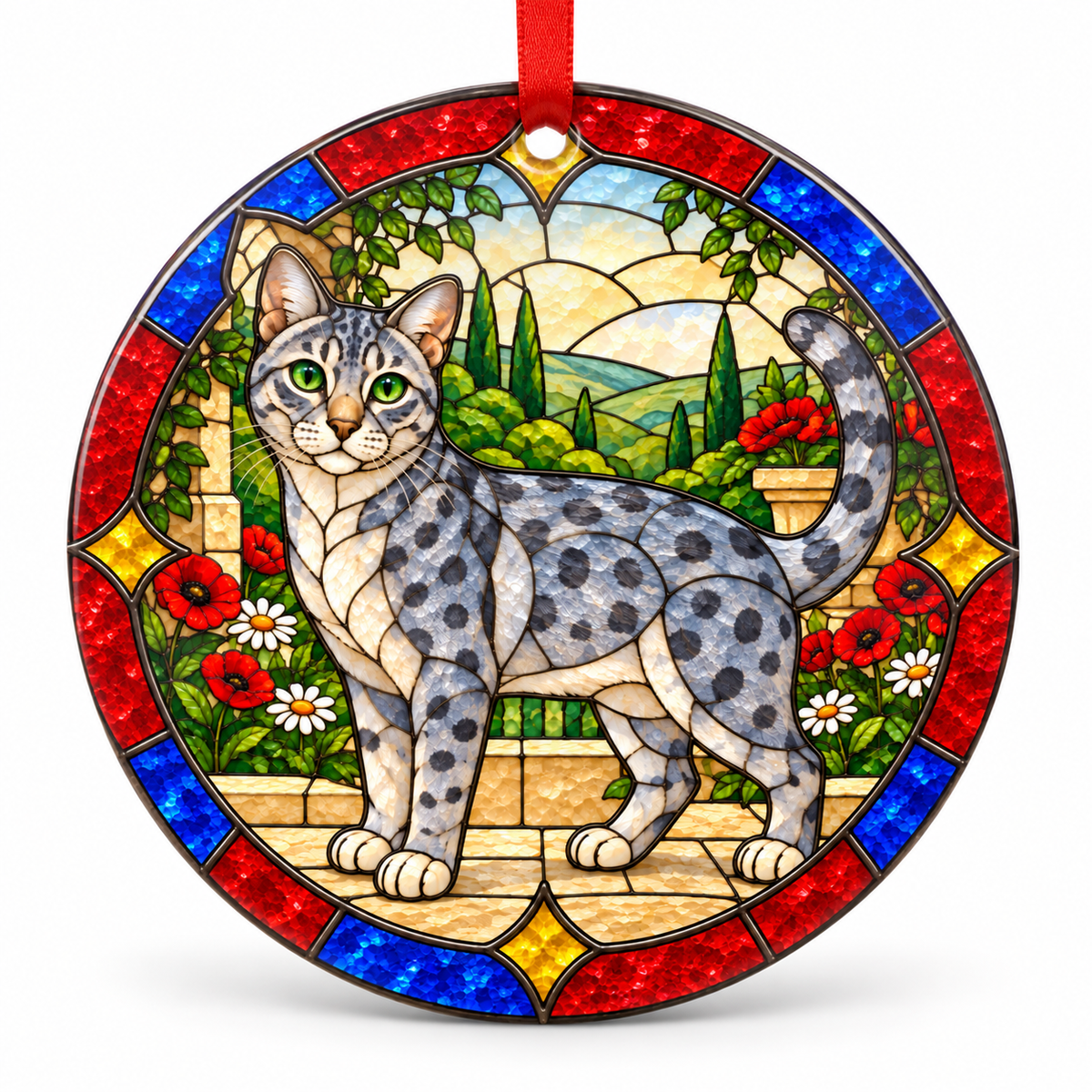 Blue Spotted Australian Mist stained glass style porcelain Christmas ornament with red ribbon