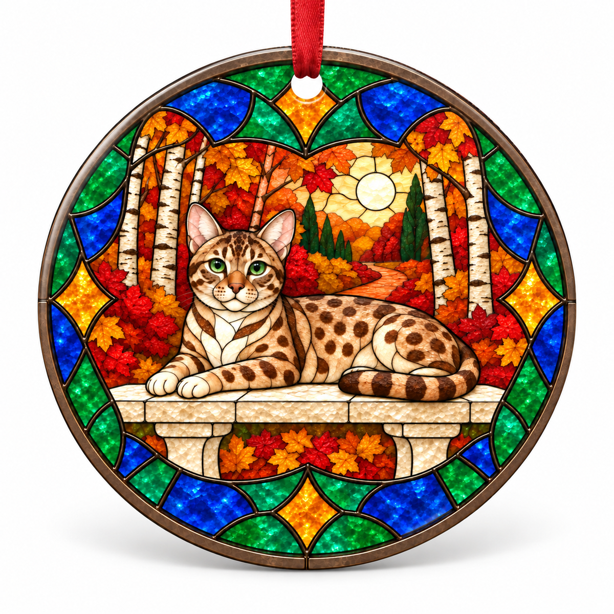 Brown Spotted Australian Mist stained glass style porcelain Christmas ornament with red ribbon