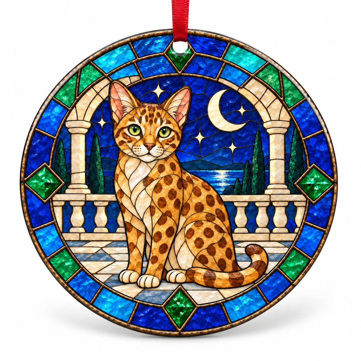 Gold Spotted Australian Mist stained glass style porcelain Christmas ornament with red ribbon