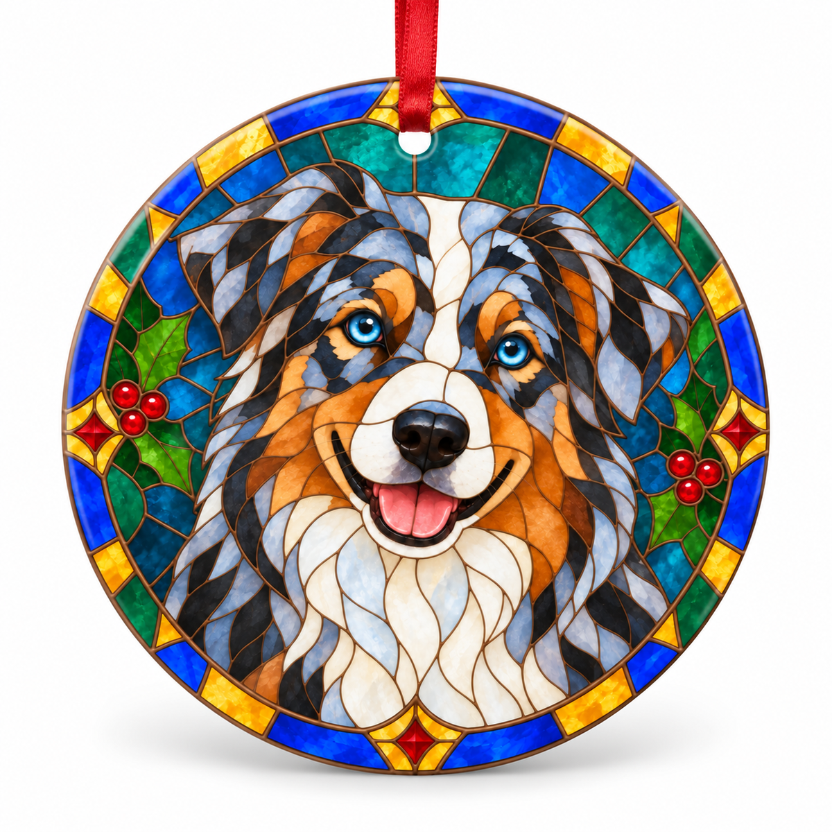 Original Australian Shepherd stained glass style porcelain Christmas ornament with red ribbon