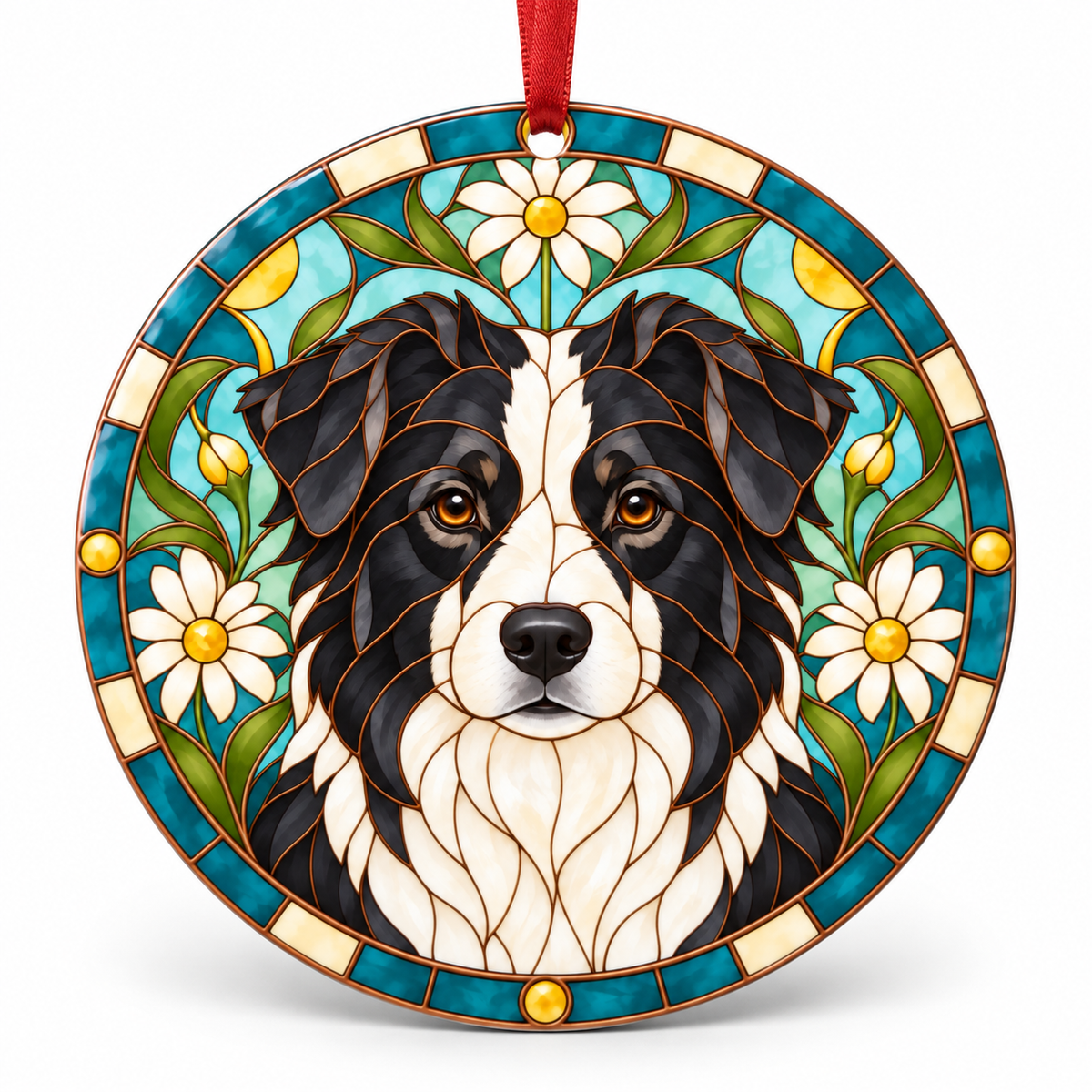 Black Bicolor Australian Shepherd stained glass style porcelain Christmas ornament with red ribbon