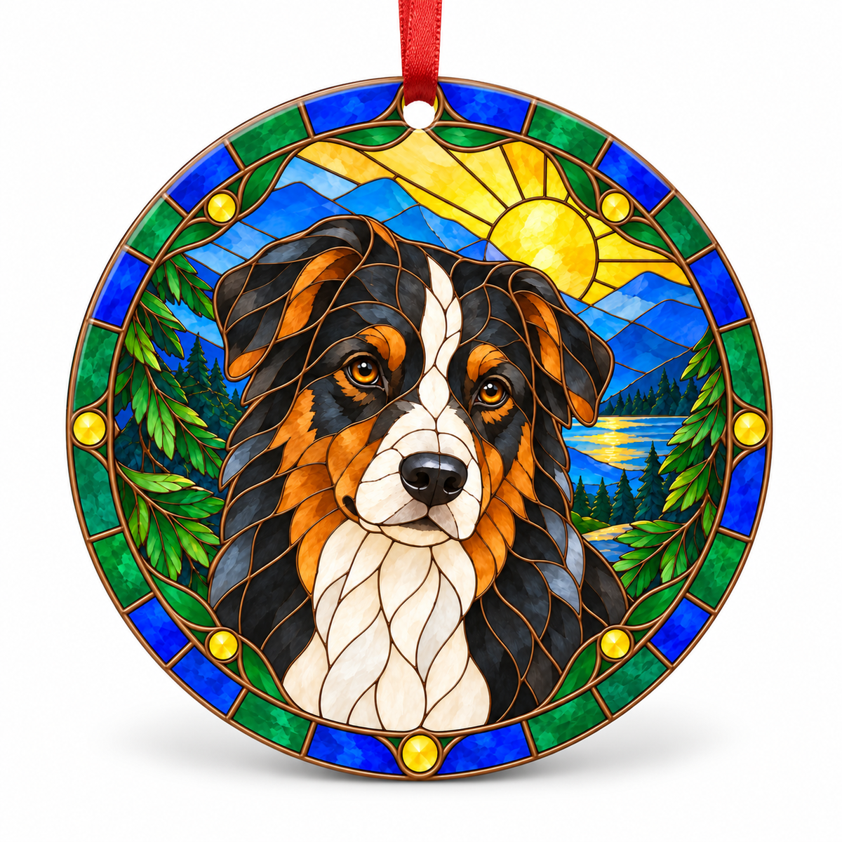 Black Tricolor Australian Shepherd stained glass style porcelain Christmas ornament with red ribbon