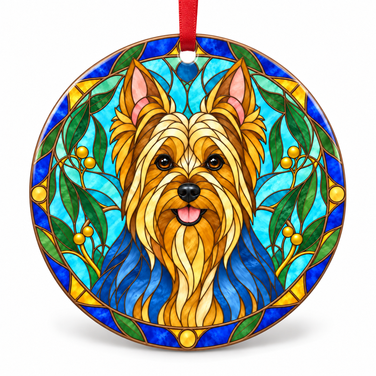 Original Australian Silky Terrier stained glass style porcelain Christmas ornament with red ribbon