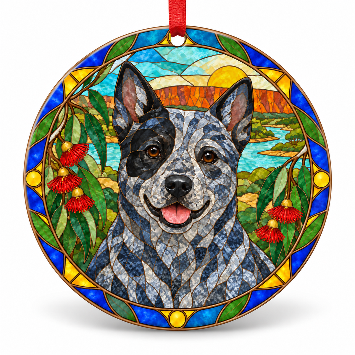 Original Australian Stumpy Tail Cattle Dog stained glass style porcelain Christmas ornament with red ribbon