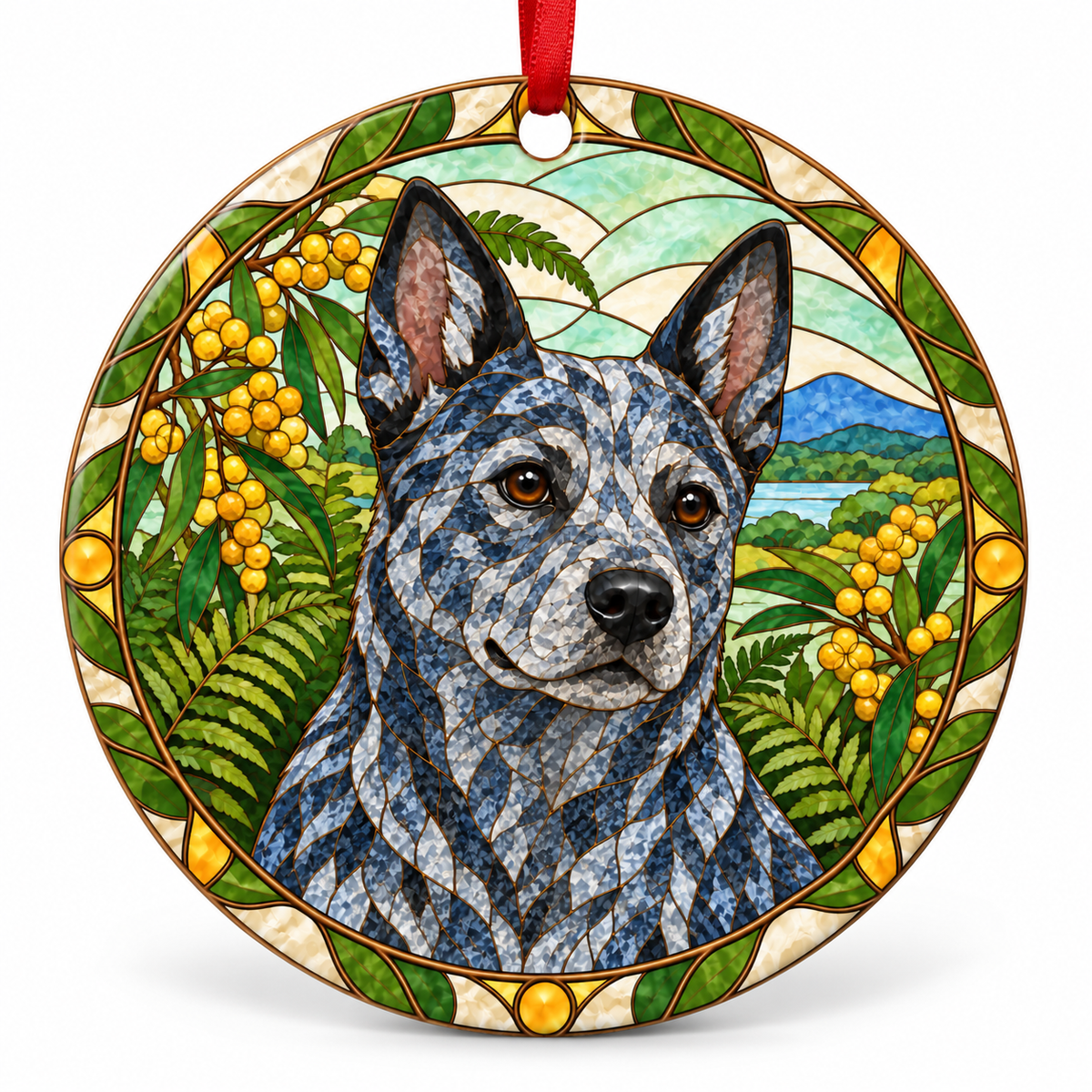 Blue Speckled Australian Stumpy Tail Cattle Dog stained glass style porcelain Christmas ornament with red ribbon