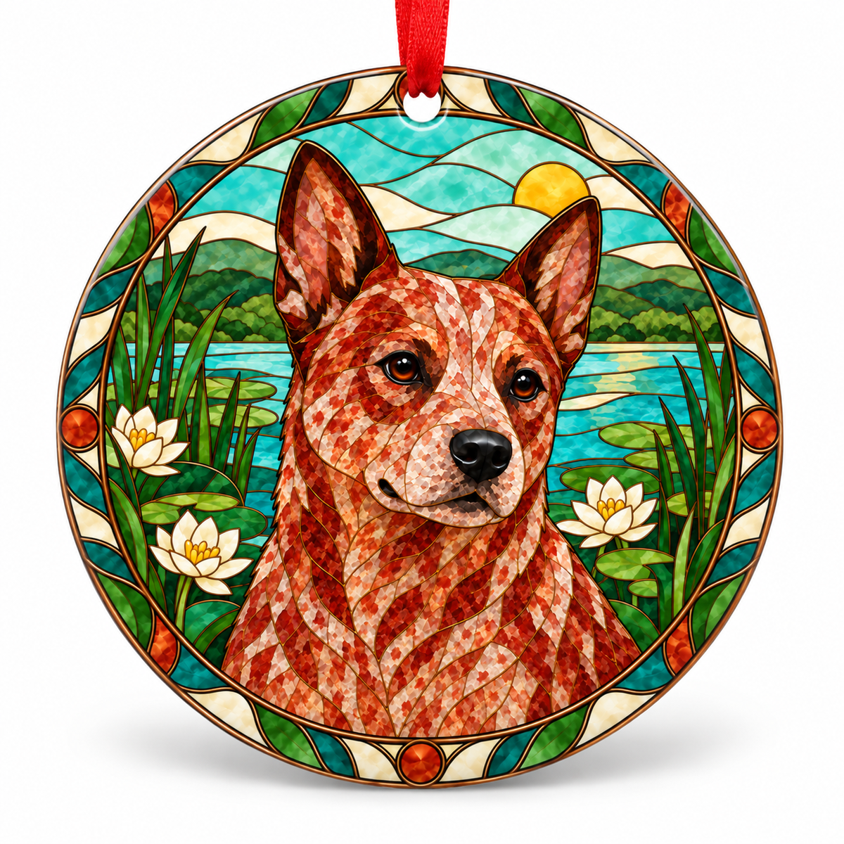 Red Speckled Australian Stumpy Tail Cattle Dog stained glass style porcelain Christmas ornament with red ribbon