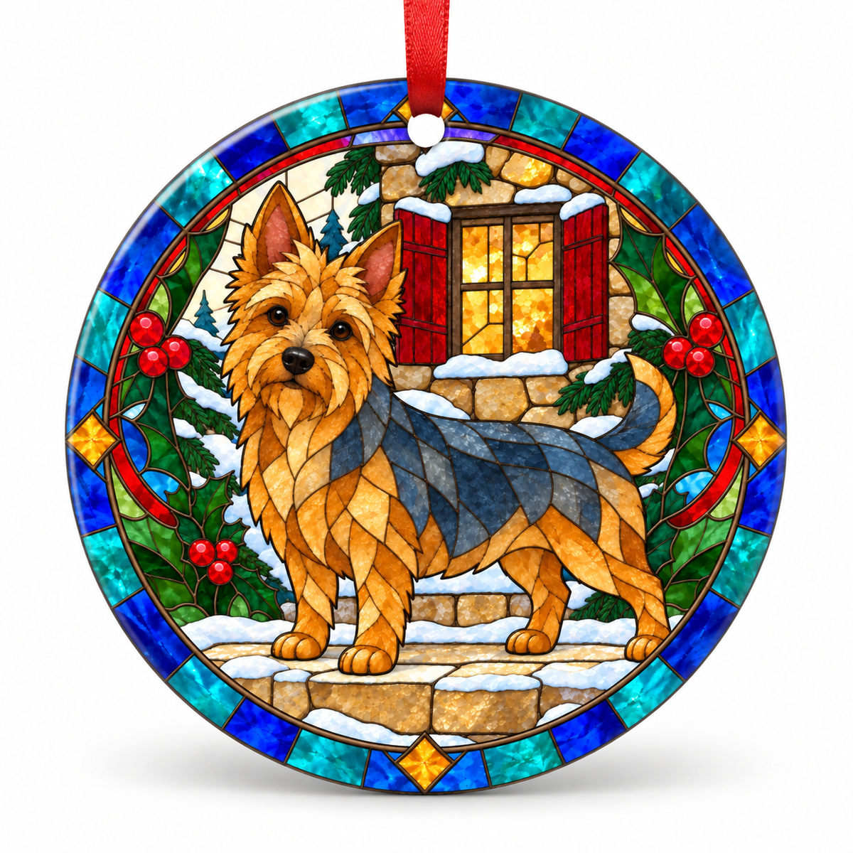 Original Australian Terrier stained glass style porcelain Christmas ornament with red ribbon