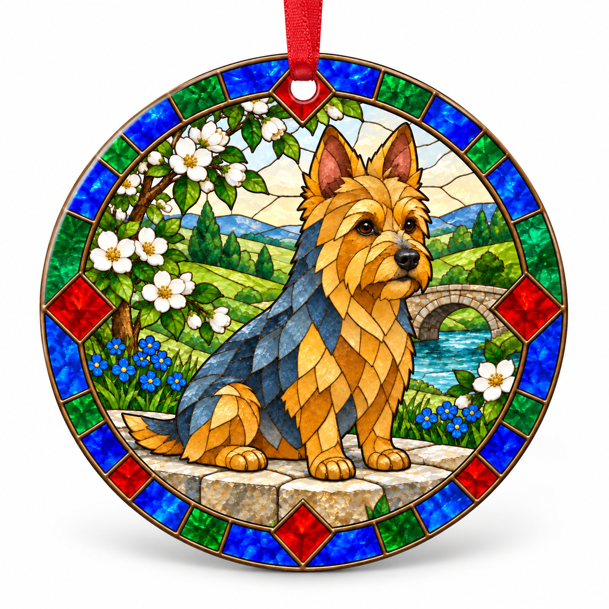 Blue And Tan Australian Terrier stained glass style porcelain Christmas ornament with red ribbon