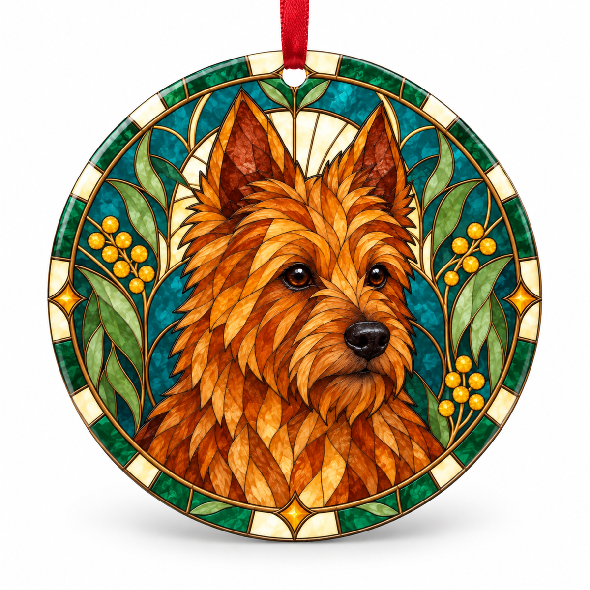 Red Australian Terrier stained glass style porcelain Christmas ornament with red ribbon