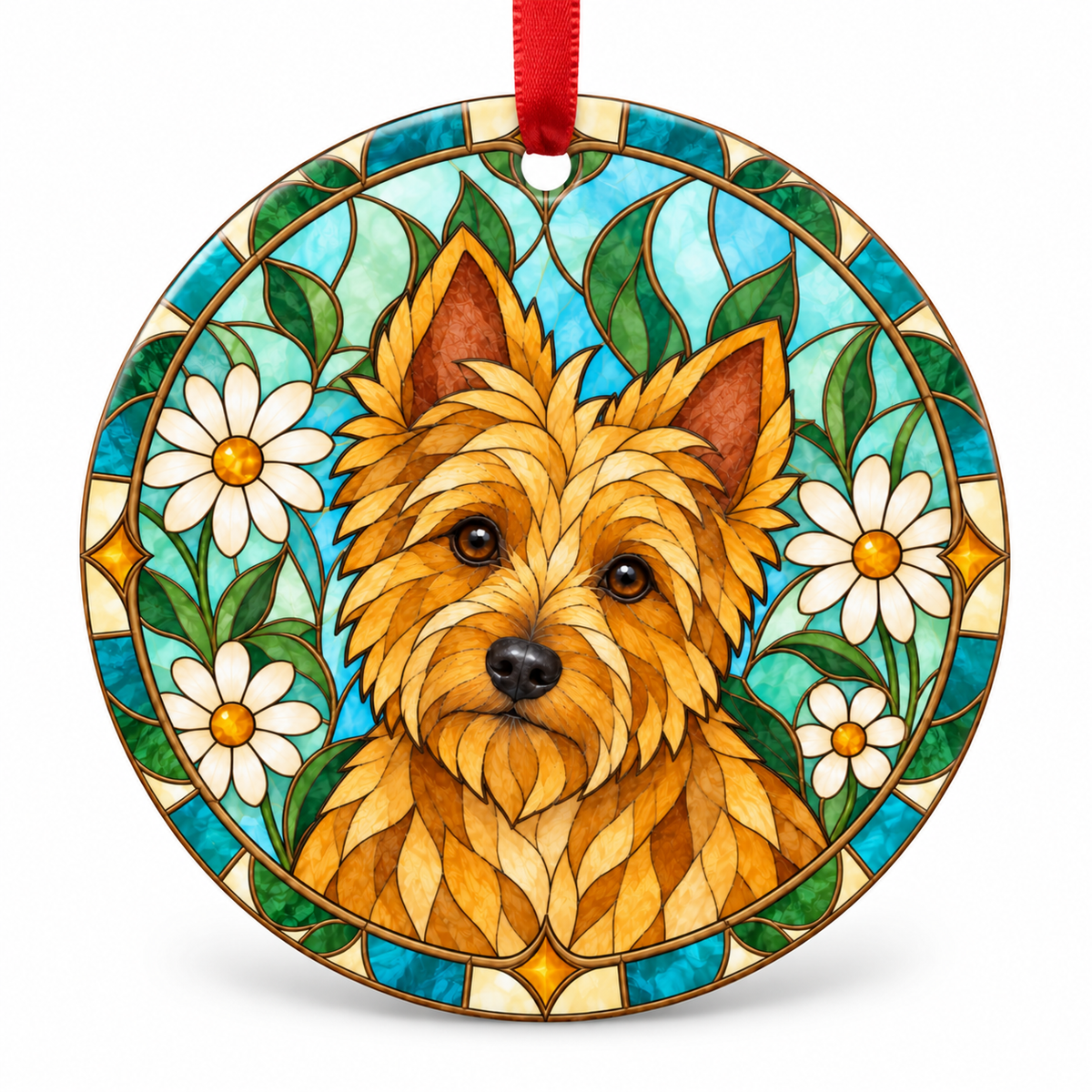 Sandy Australian Terrier stained glass style porcelain Christmas ornament with red ribbon