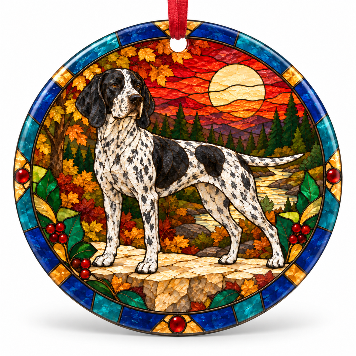 Original Auvergne Pointer stained glass style porcelain Christmas ornament with red ribbon