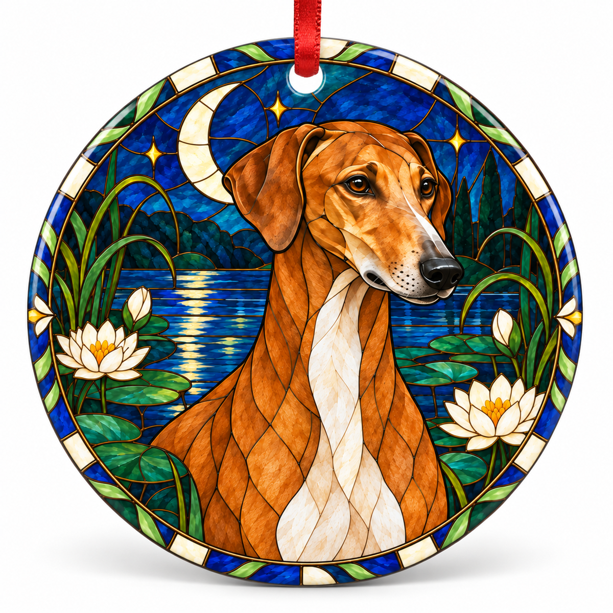 Original Azawakh stained glass style porcelain Christmas ornament with red ribbon