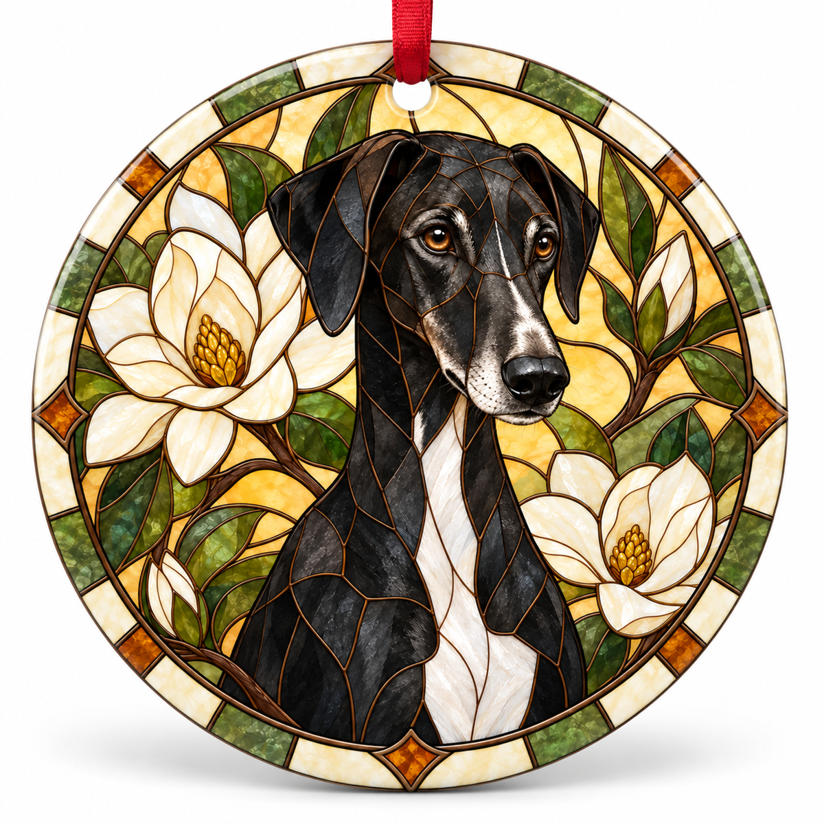 Black Azawakh stained glass style porcelain Christmas ornament with red ribbon