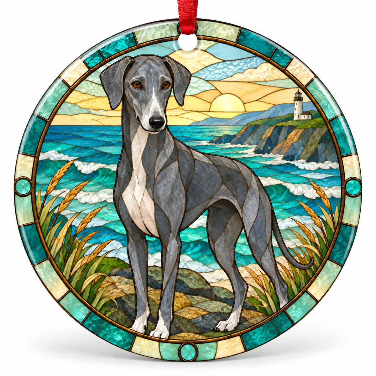 Blue Azawakh stained glass style porcelain Christmas ornament with red ribbon