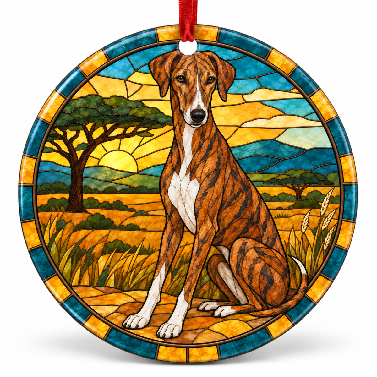 Brindle Azawakh stained glass style porcelain Christmas ornament with red ribbon