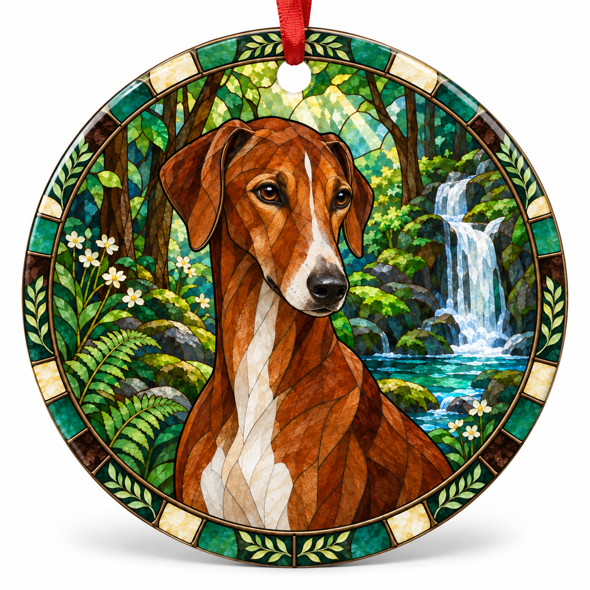 Brown Azawakh stained glass style porcelain Christmas ornament with red ribbon
